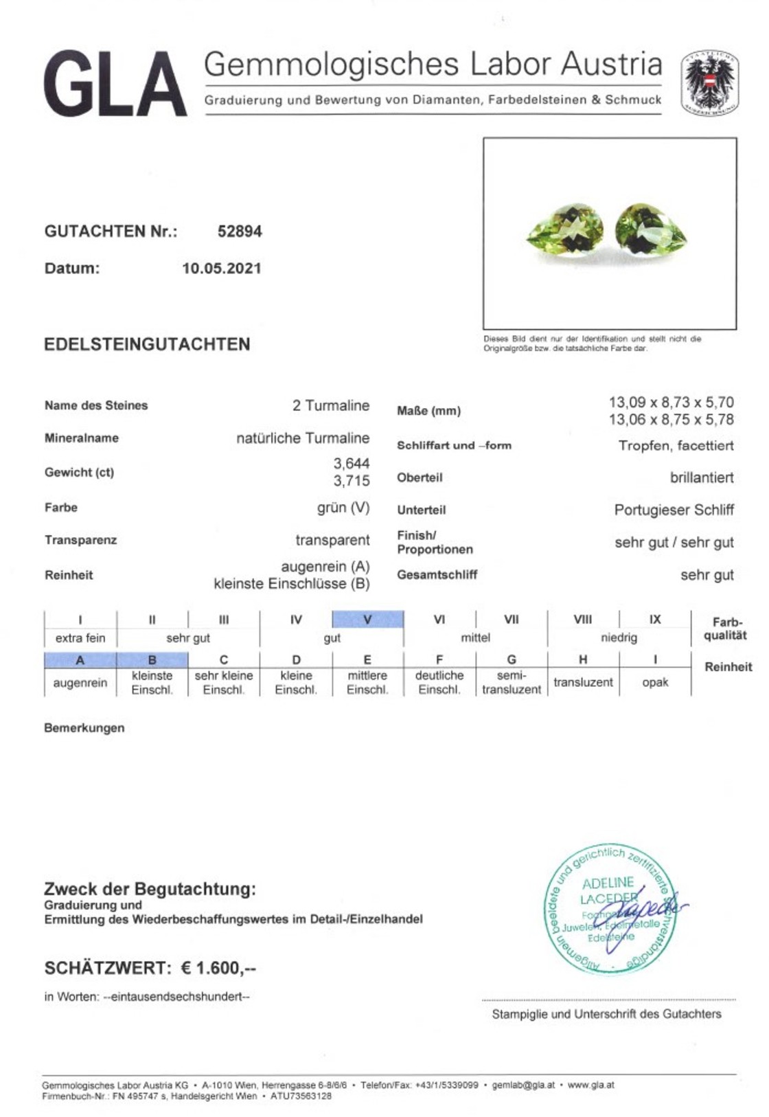 Turmalin Duo Tropfenschliffe grün 7,359 ct