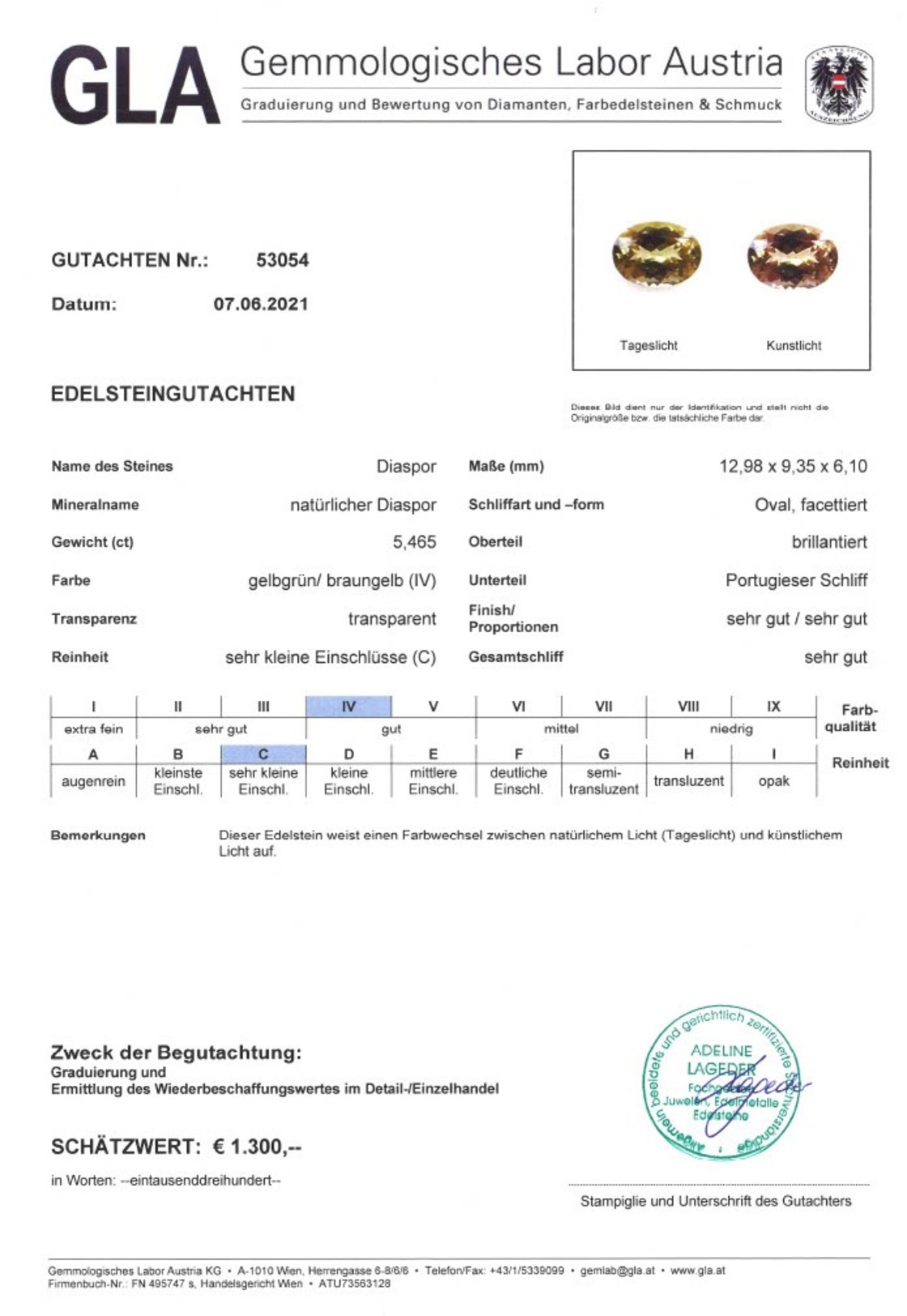 Diaspor Sultanit Ovalschliff gelblich grün 5,465 ct