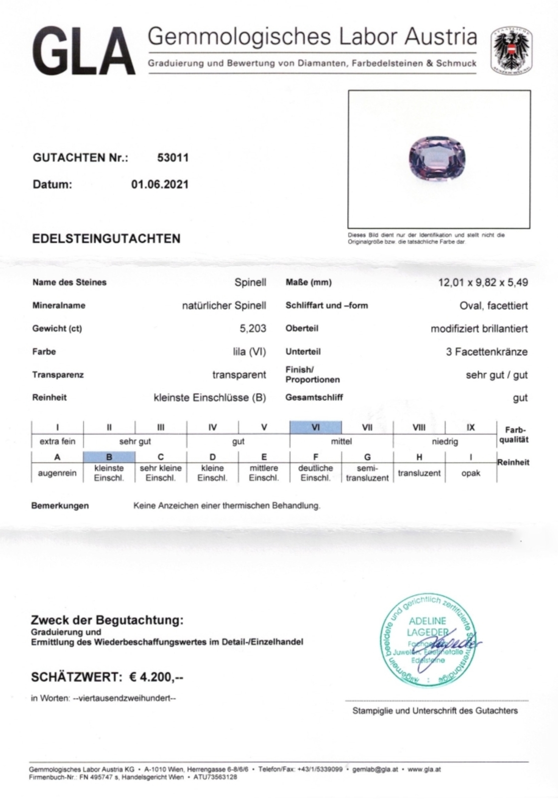 Gutachten zu Spinel oval lilac untreated 5.20 ct