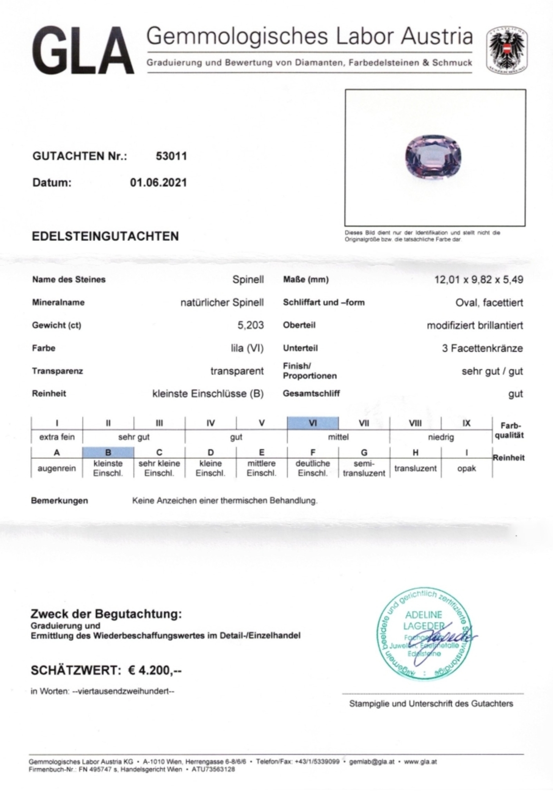 Lila Spinell Ovalschliff unbehandelt 5,203 ct