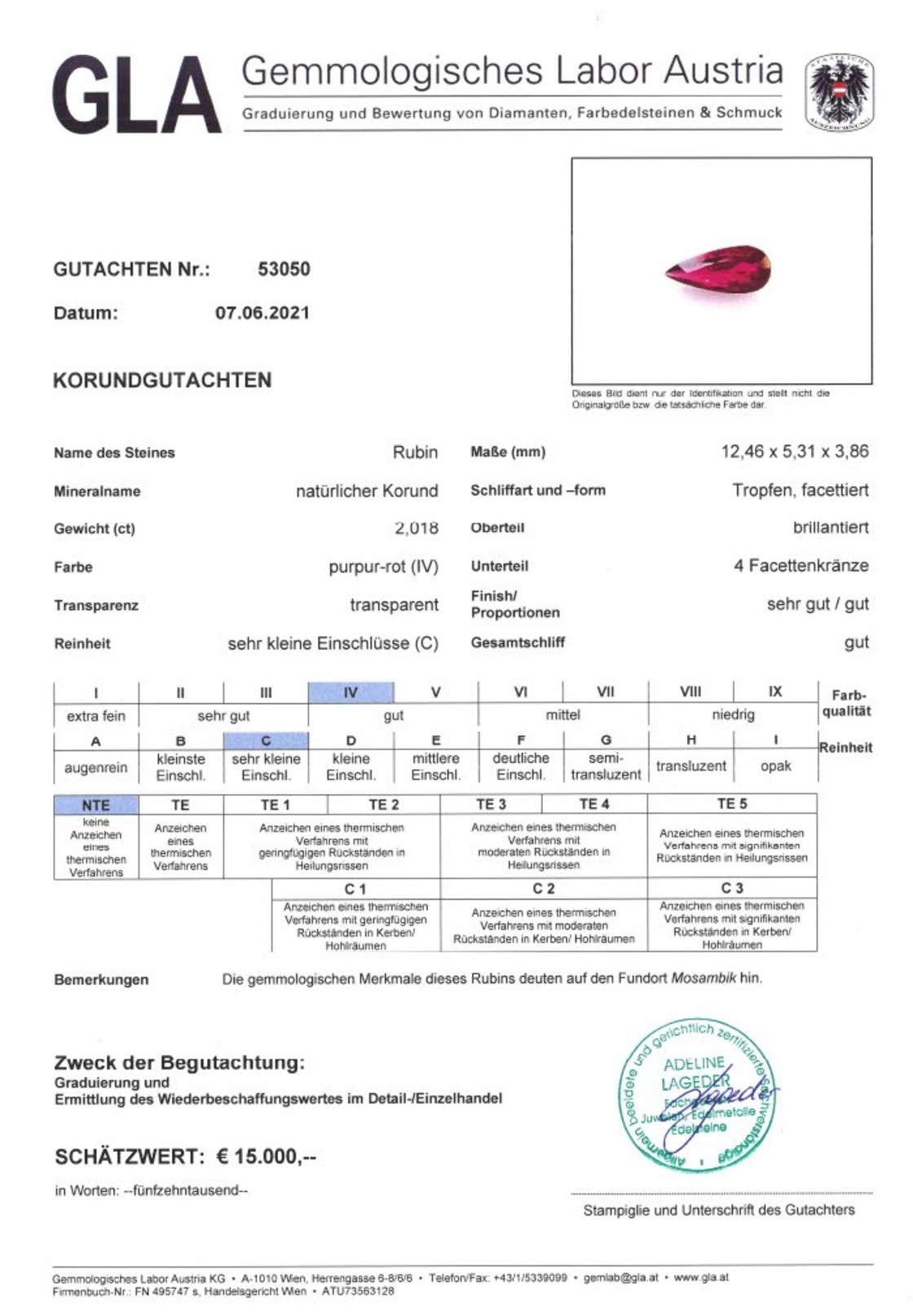 Rubin Tropfenschliff purpur-rot unbehandelt 2,018 ct