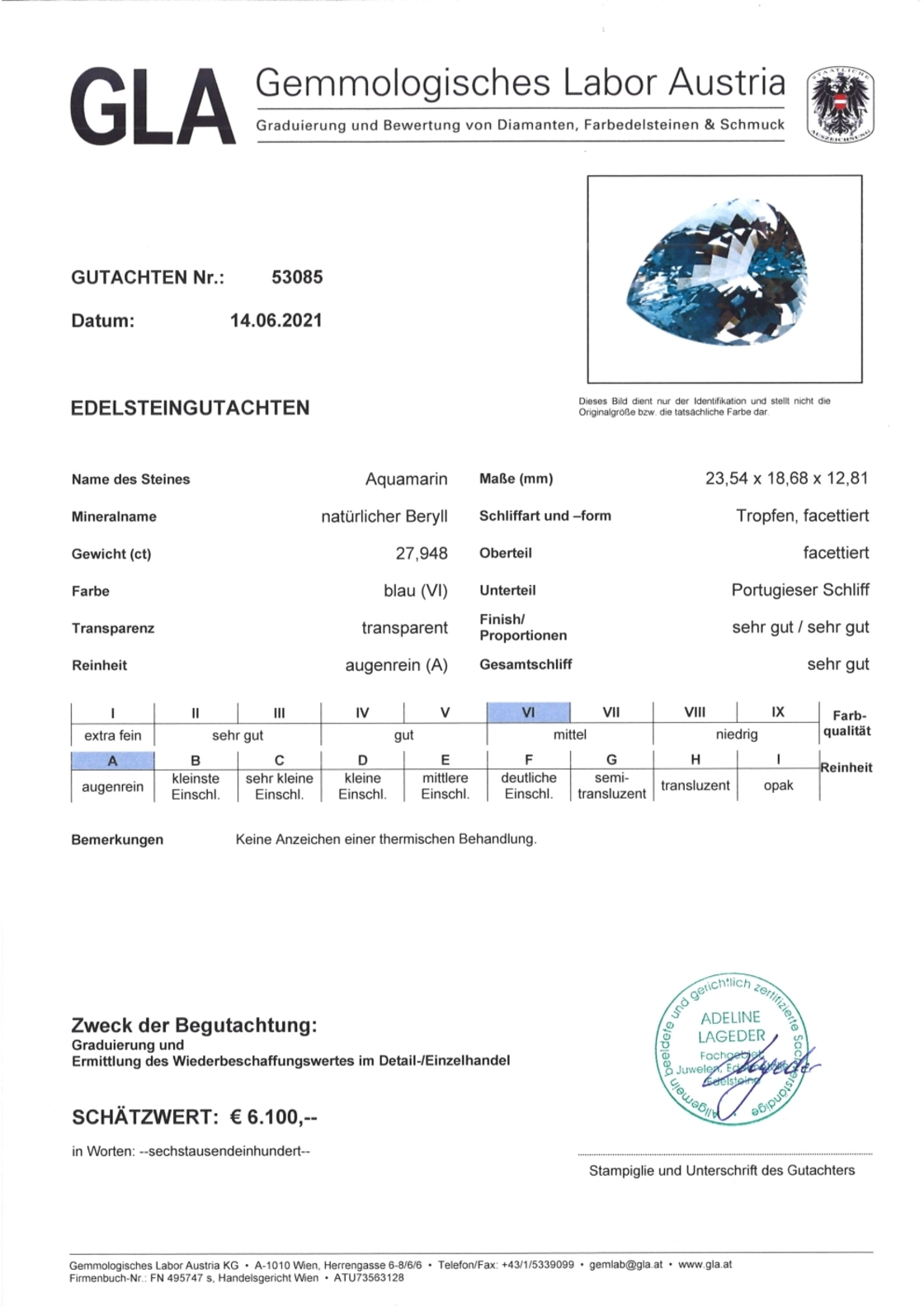 Unbehandelter Aquamarin Tropfenschliff hellblau 27,948 ct