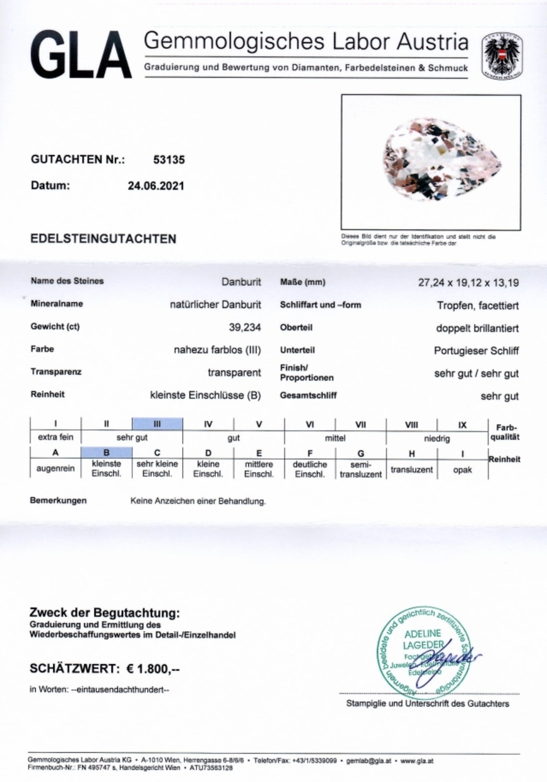 Danburit Tropfenschliff farblos-getönt 39,234 ct