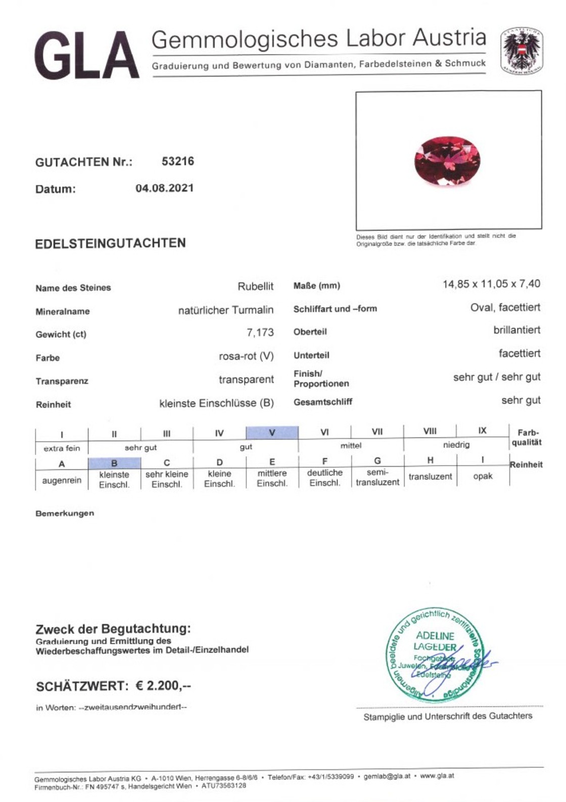 Rubellit Turmalin Ovalschliff rosarot 7,173 ct
