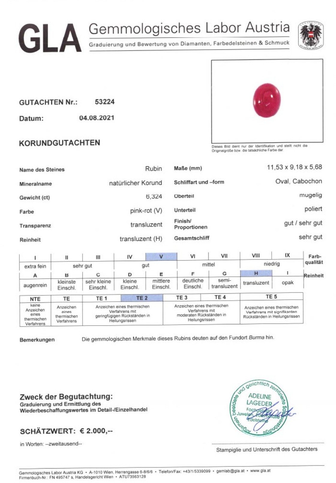 Burma-Rubin Cabochonschliff oval 6,324 ct