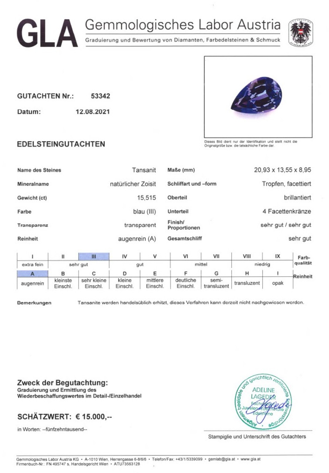 Tansanit Tropfenschliff blau 15,515 ct