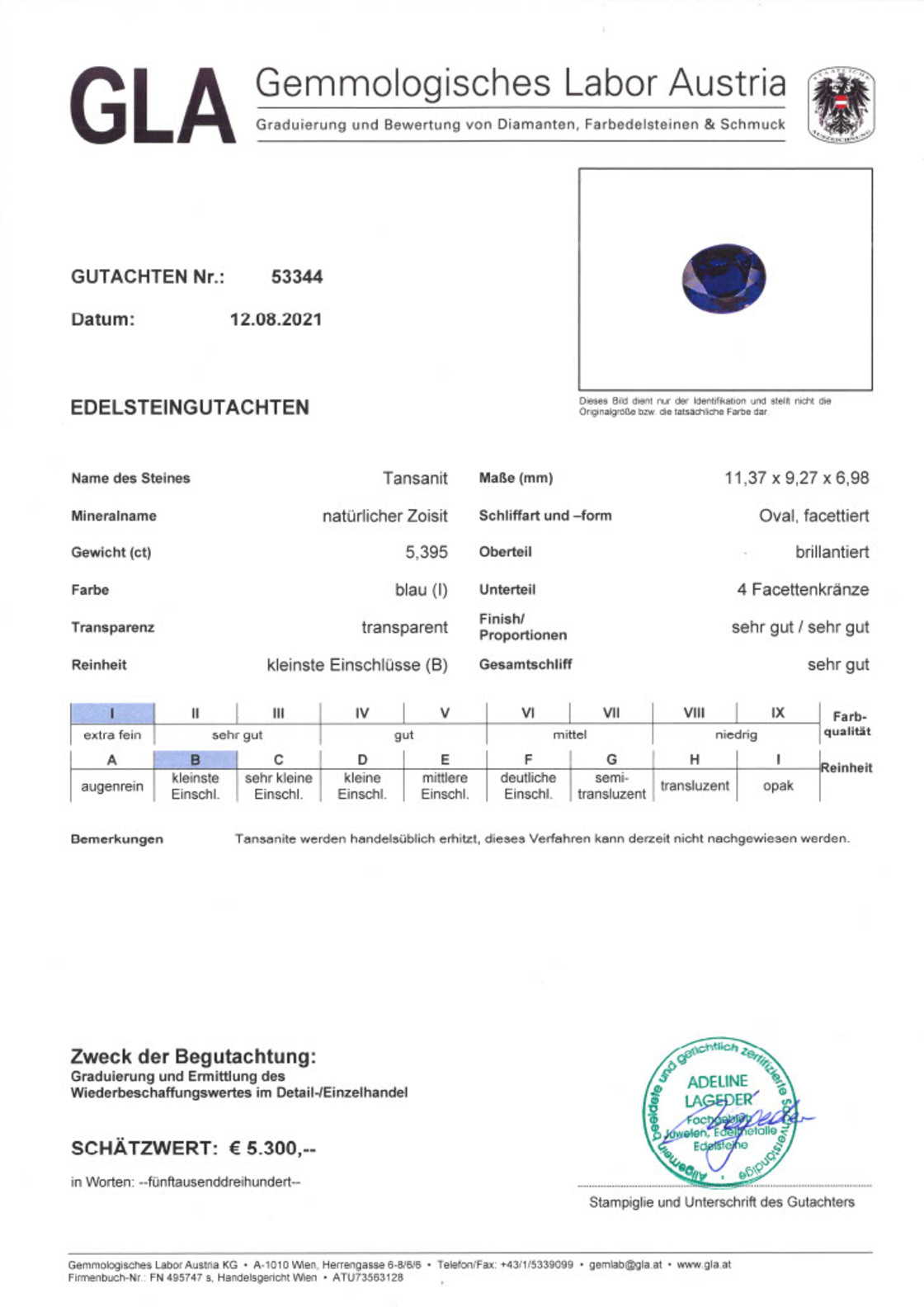 Tansanit Ovalschliff intensivblau 5,395 ct