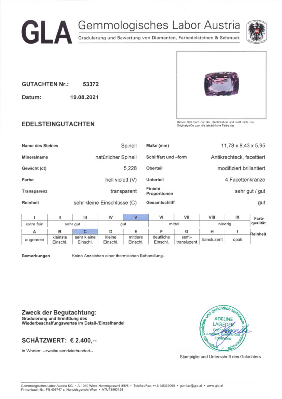 Gutachten zu Spinell antik lila 5,22 ct