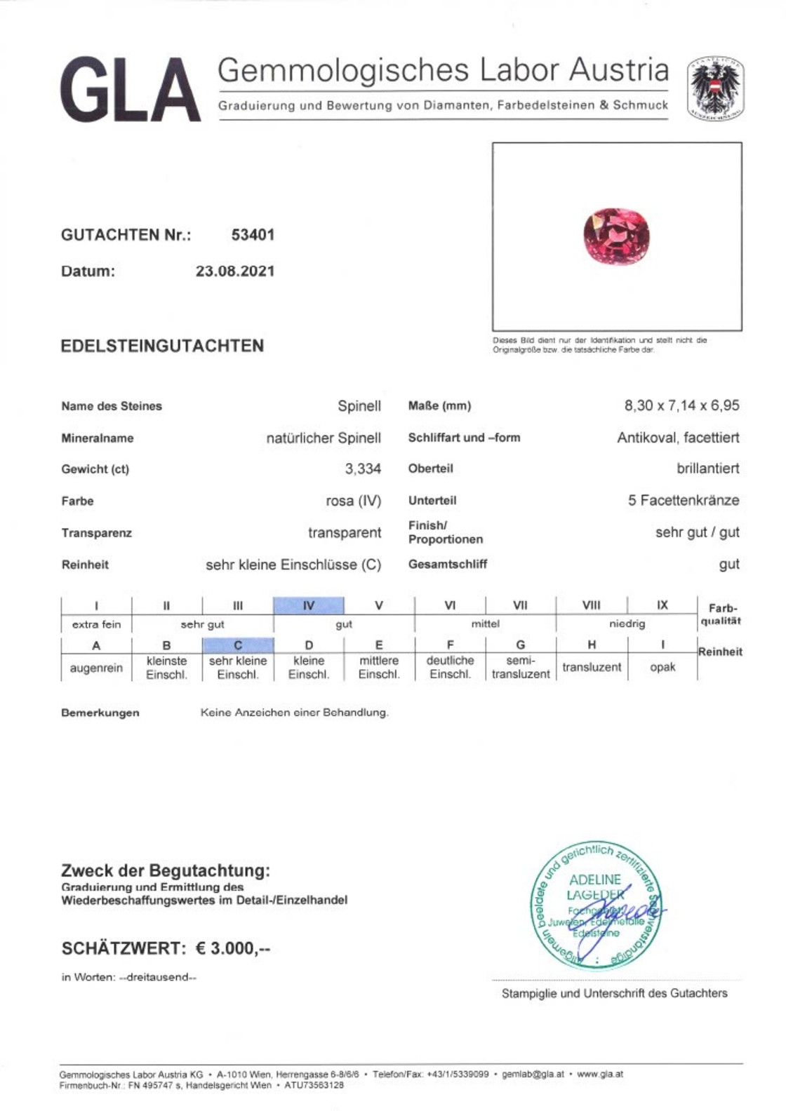 Gutachten zu Spinel cushion pinkish red 3.33 ct