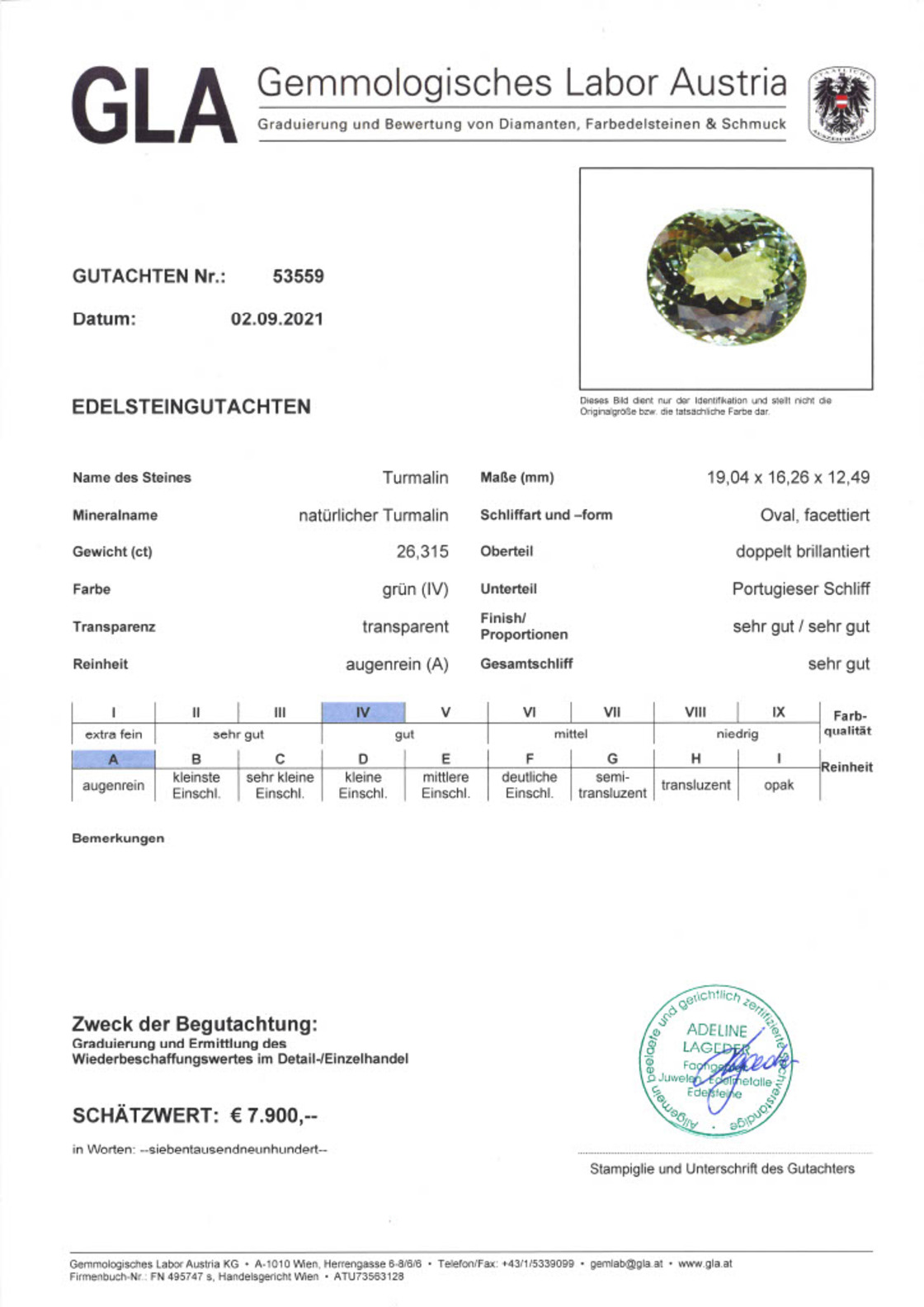 Turmalin Ovalschliff gelblich grün 26,315 ct