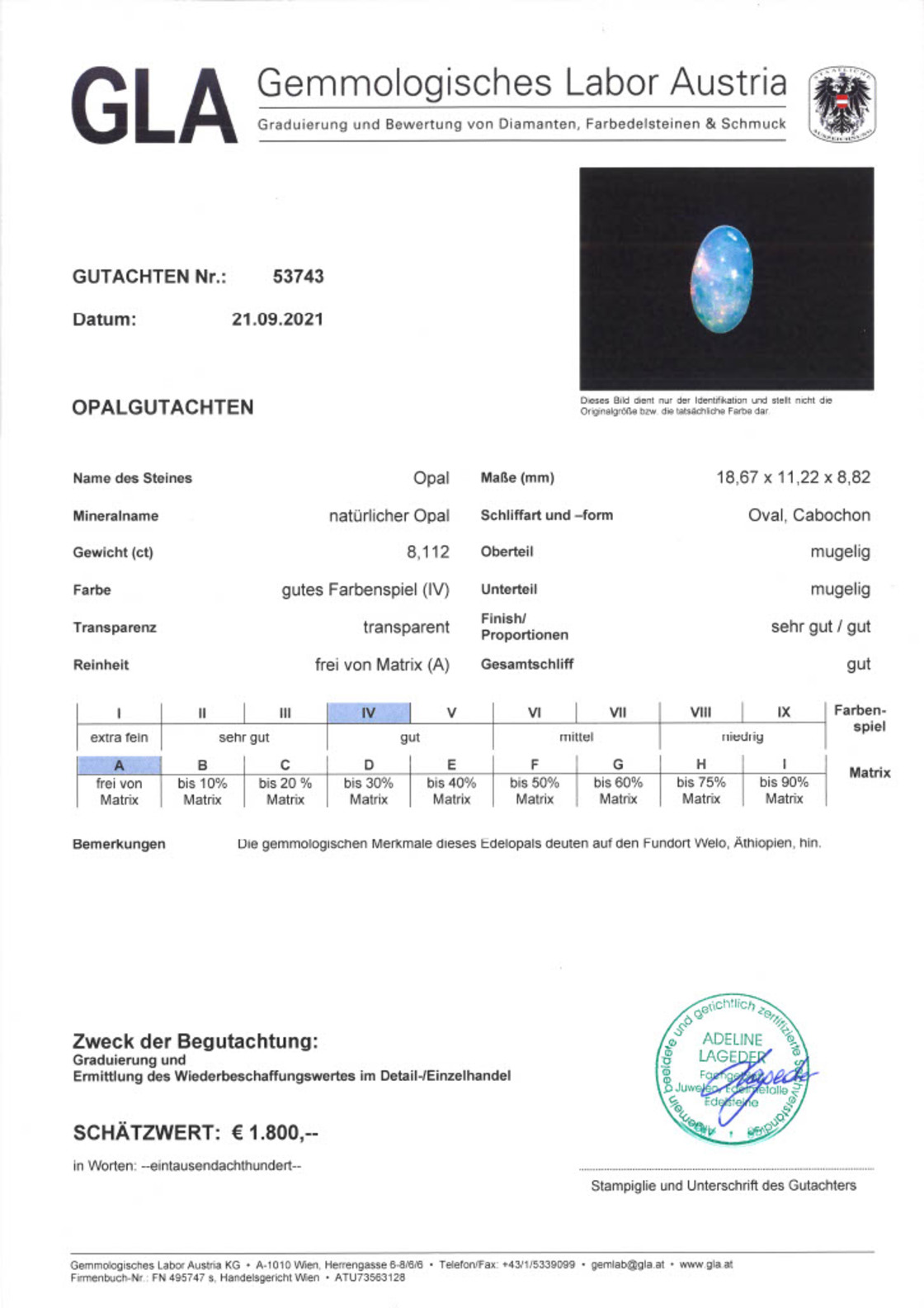 Gutachten zu Edelopal Cabochon oval 8,11 ct