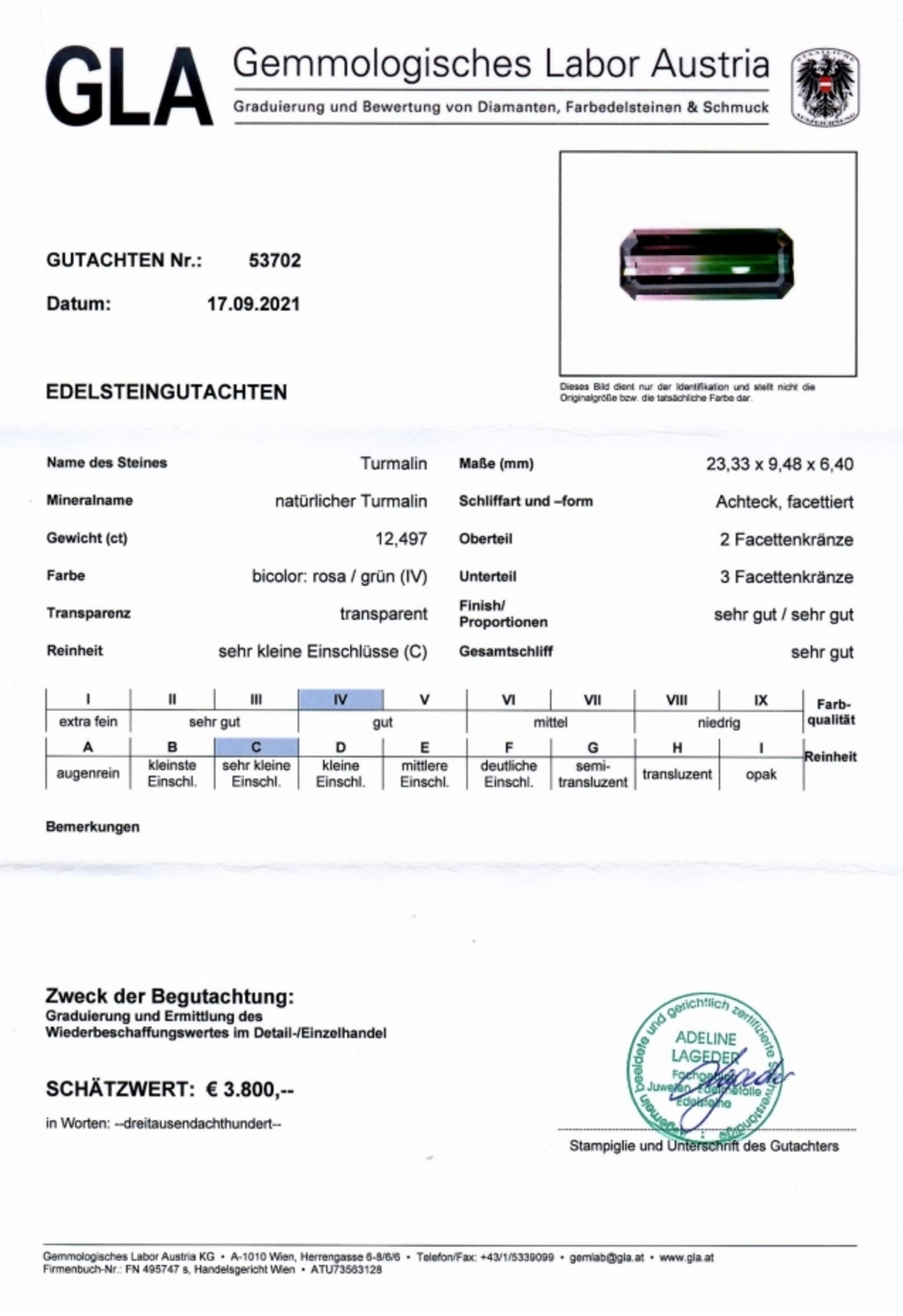 Bicolor Turmalin Achteckschliff grün+rosa 12,497 ct