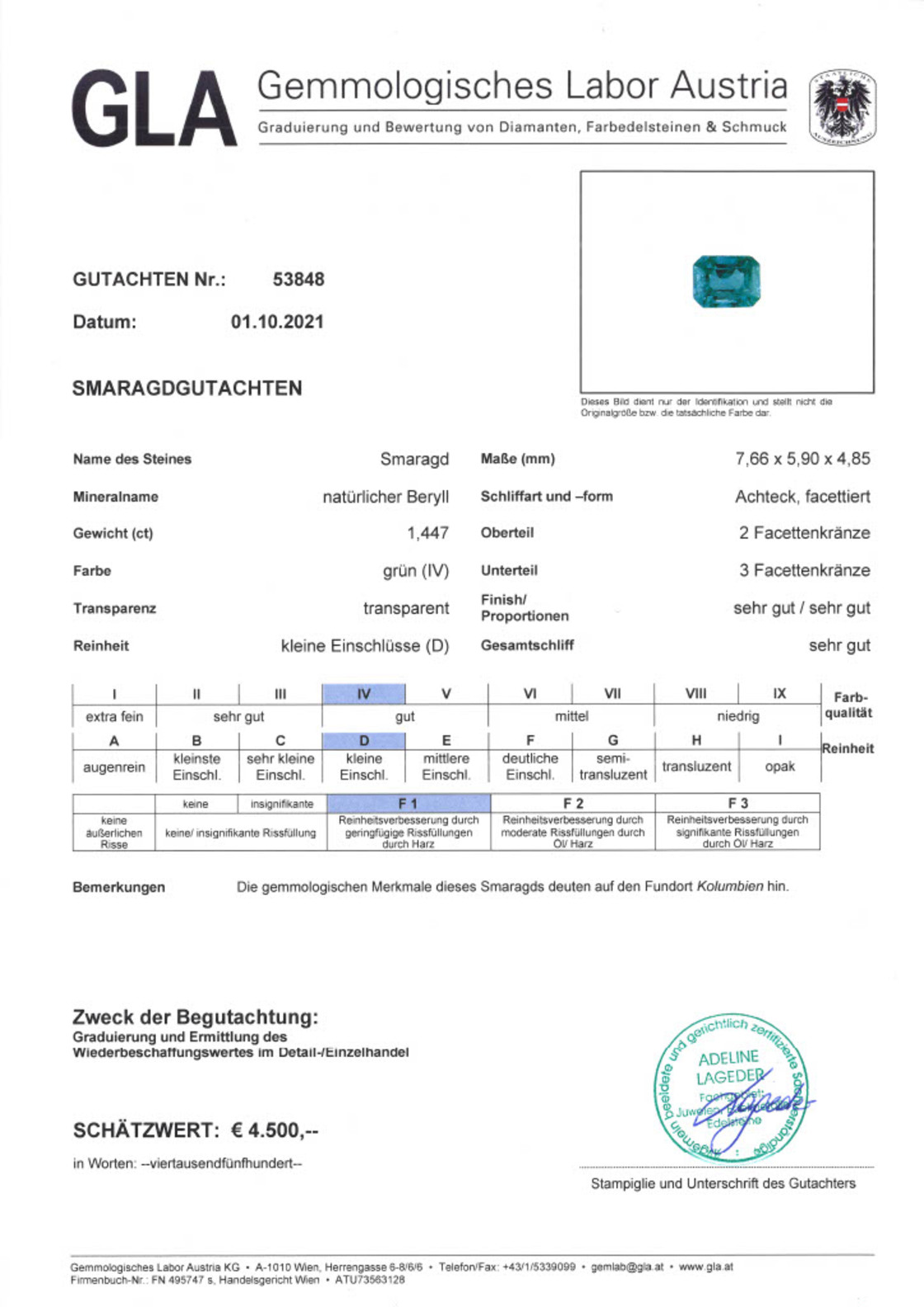 Gutachten zu Smaragd octagon grün 1,44 ct