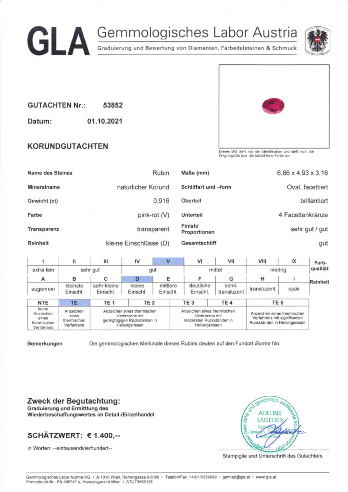 Burma Rubin Ovalschliff pink-rot 0,916 ct