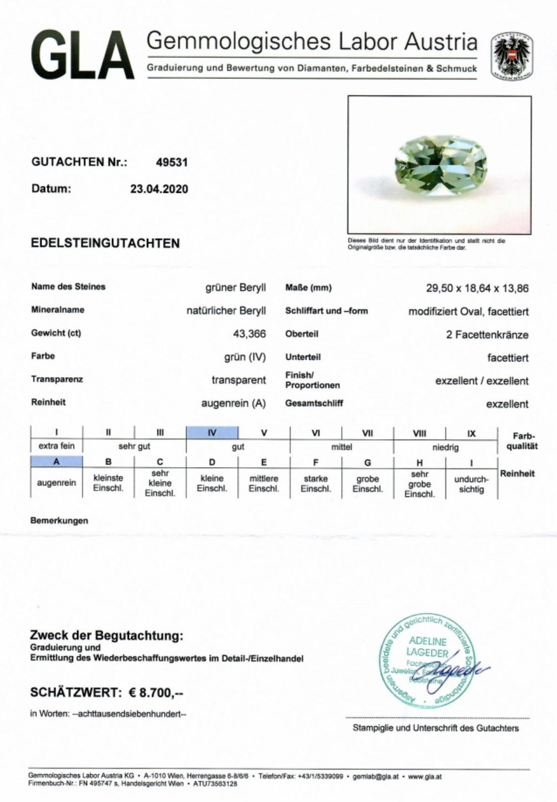 Hellgrüner Beryll Design-Ovalschliff unbehandelt 42,366 ct