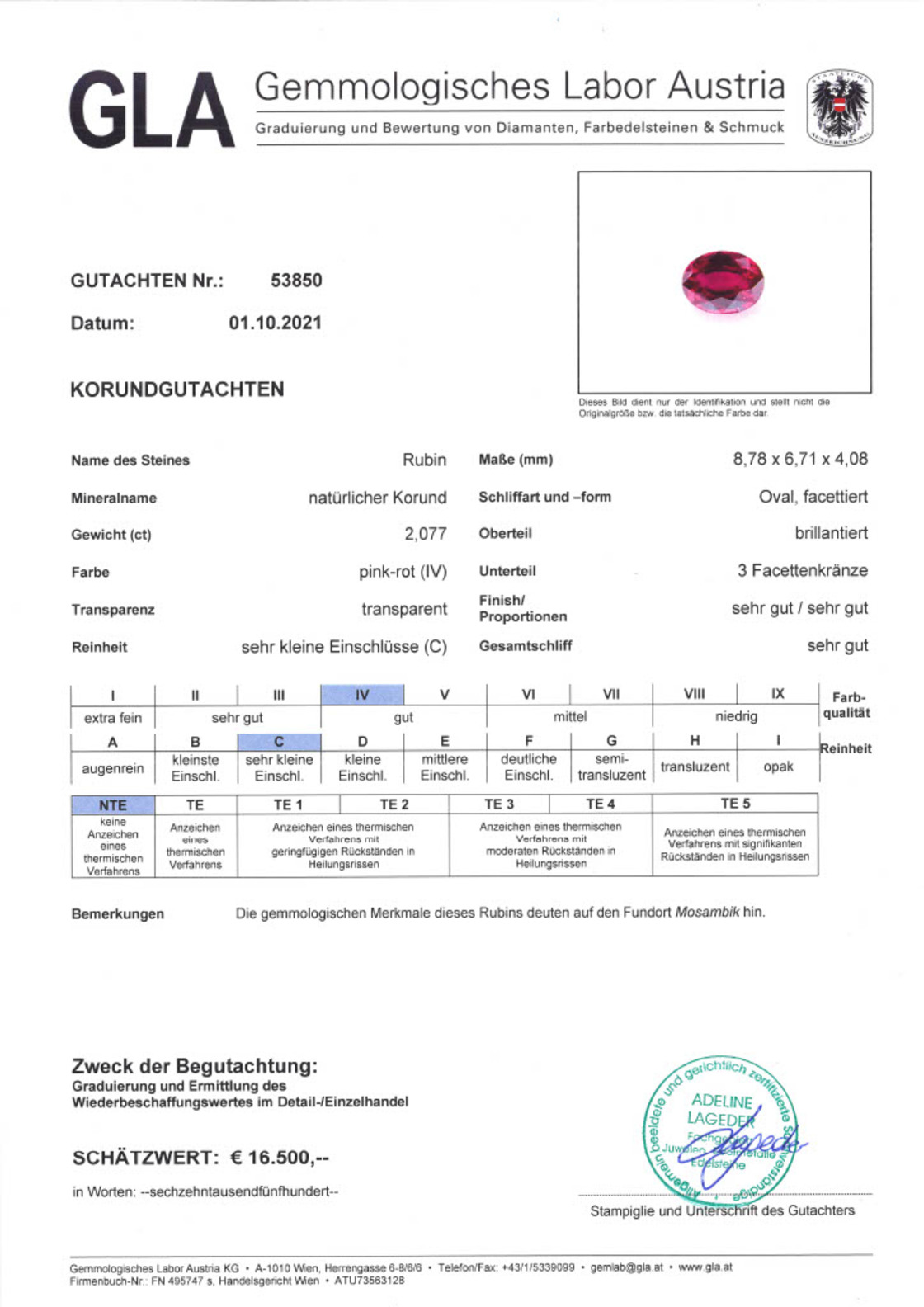 Unbehandelter Rubin Ovalschliff pink-rot 2,077 ct