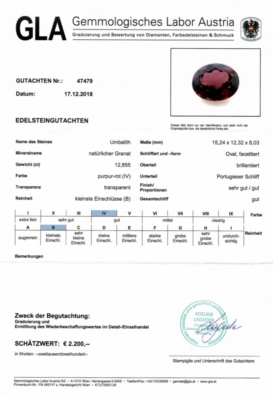 Granat Umbalith Ovalschliff purpurrot 12,855 ct