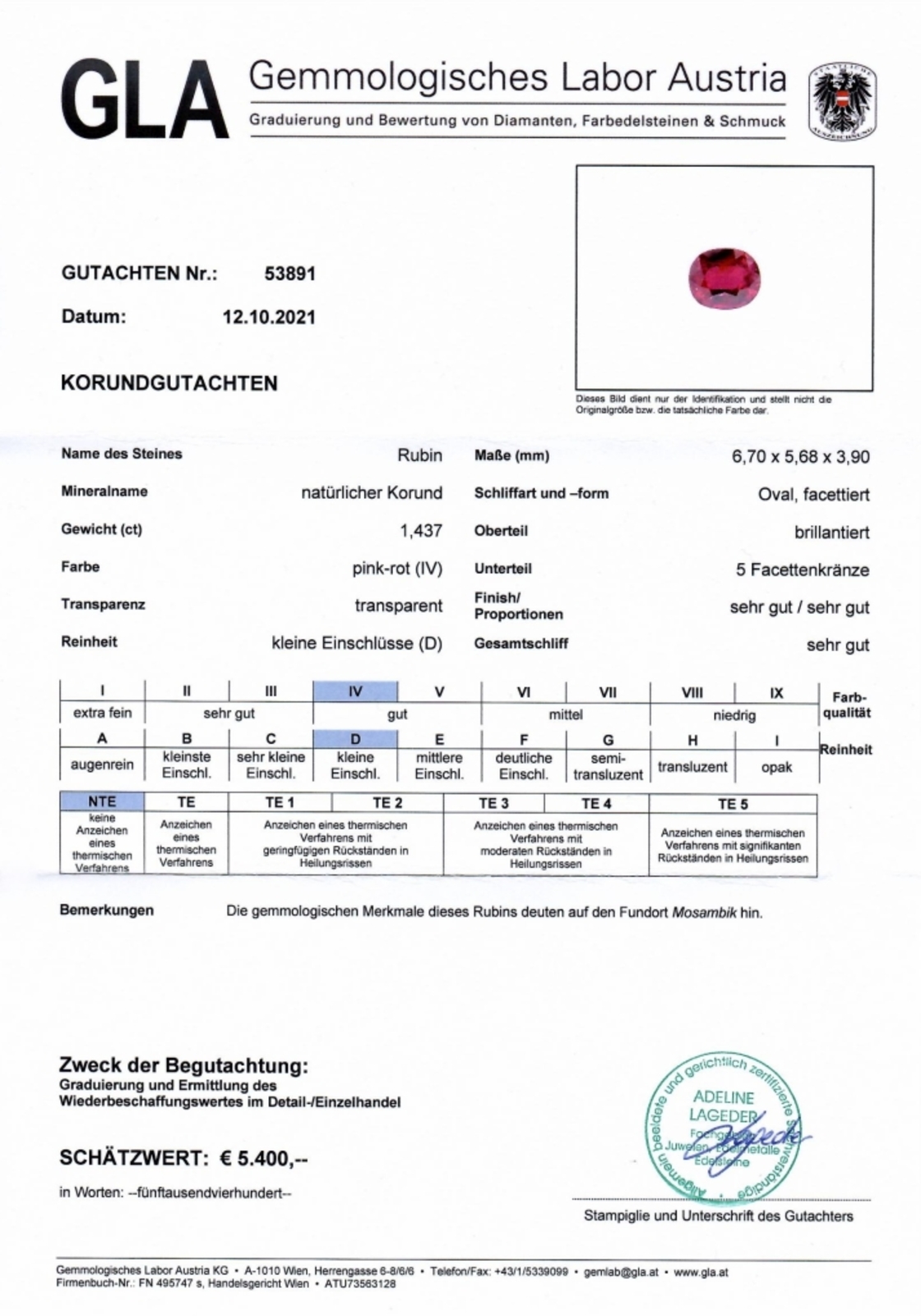 Unbehandelter Rubin Ovalschliff pink-rot 1,437 ct