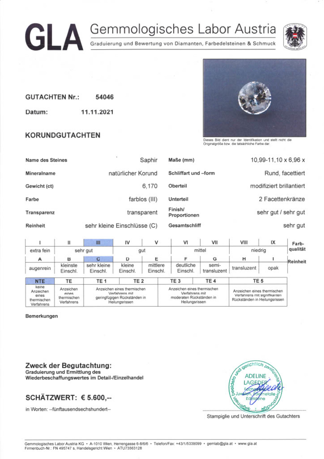 Unbehandelter Saphir Rundschliff farblos-getönt 6,170 ct