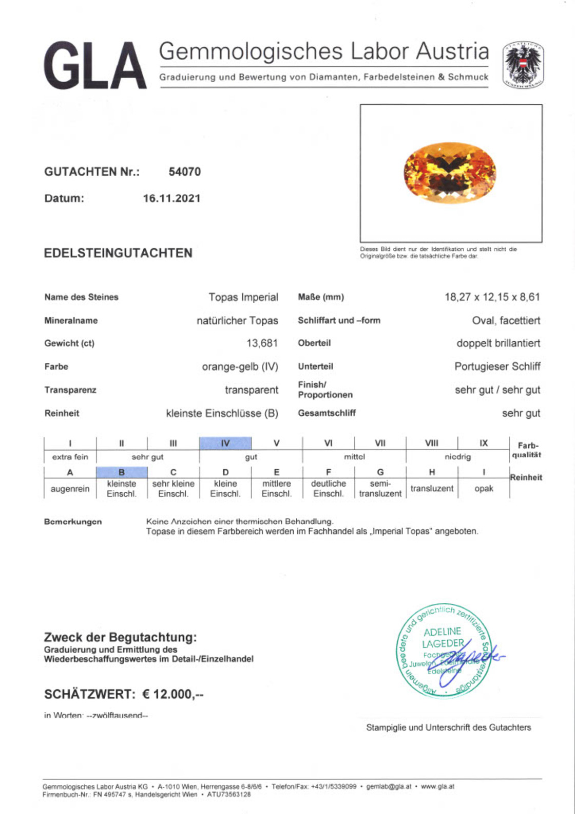 Imperial Topas Ovalschliff gelborange unbehandelt 13,681 ct