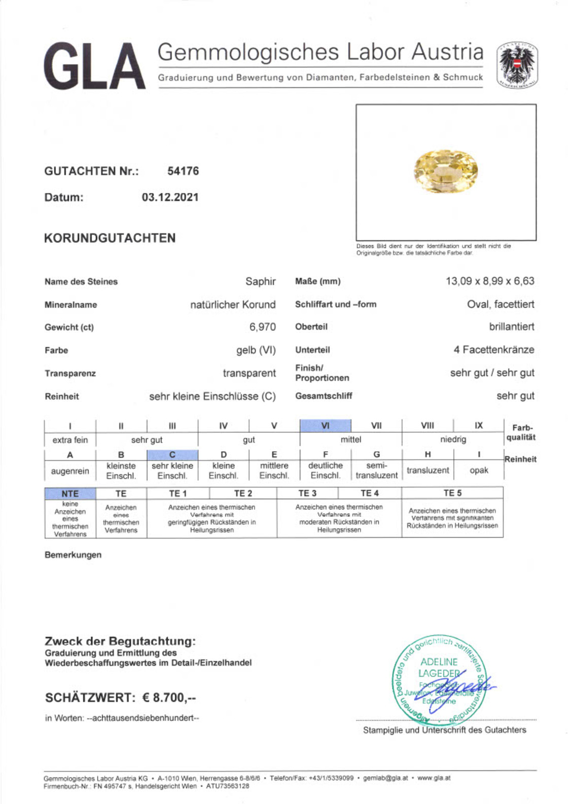 Gelber Saphir Ovalschliff unbehandelt 6,970 ct