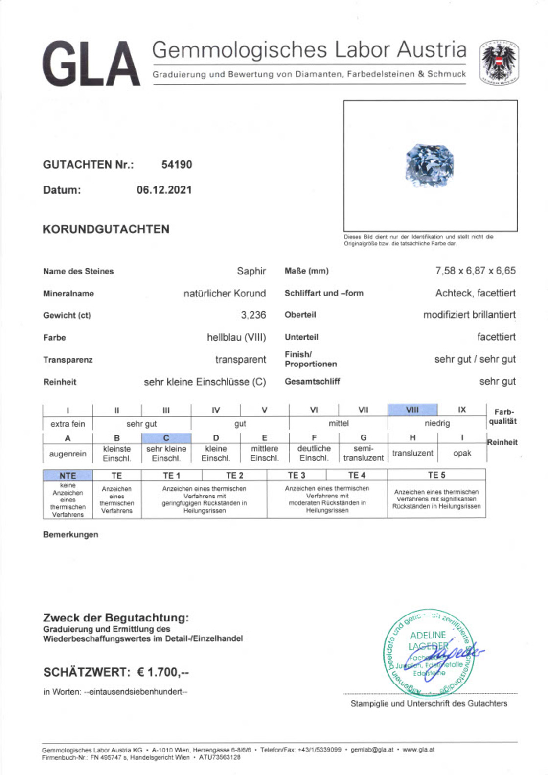 Unbehandelter Saphir Achteckschliff hellblau 3,236 ct
