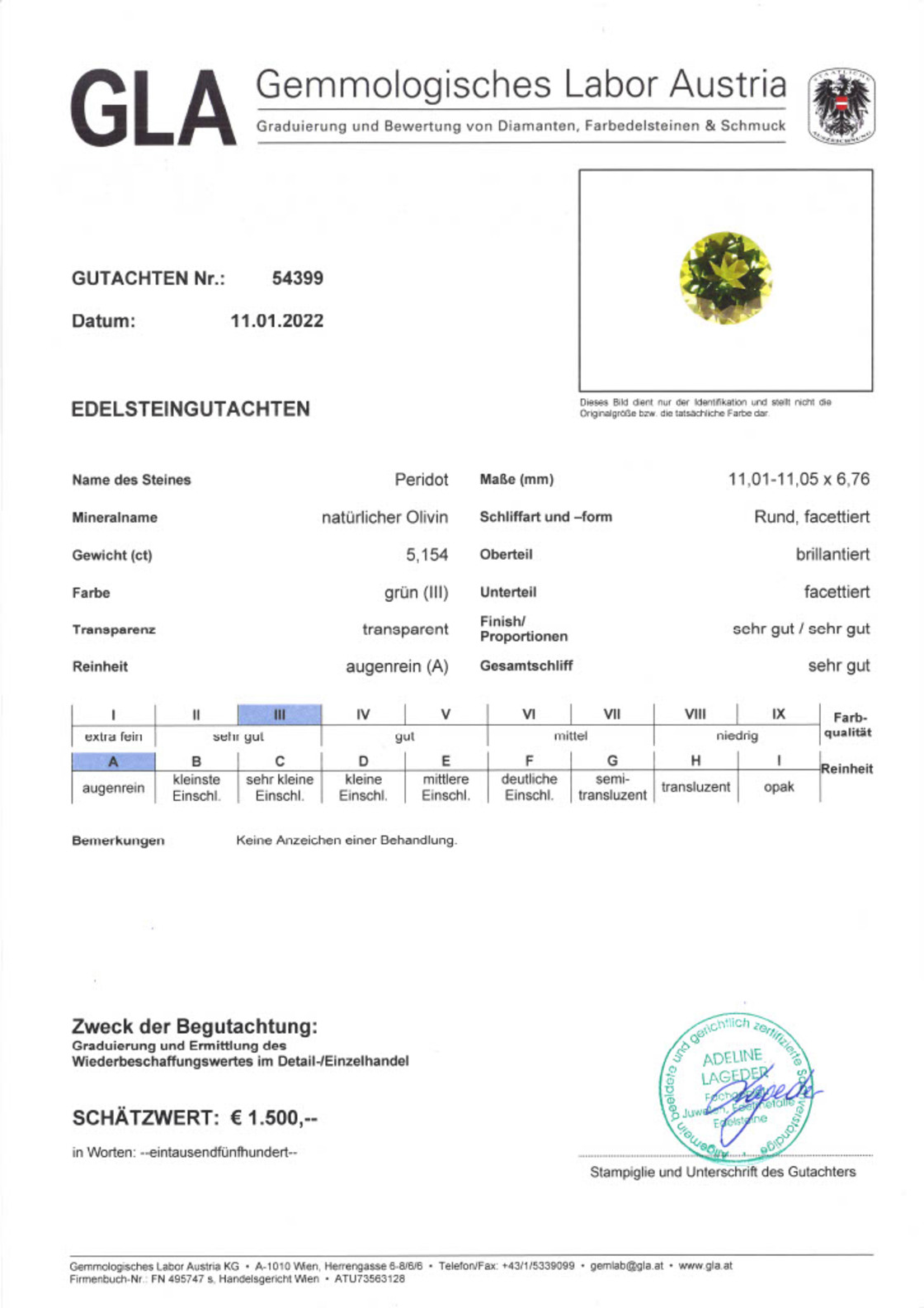 Peridot Rundschliff grün unbehandelt 5,154 ct