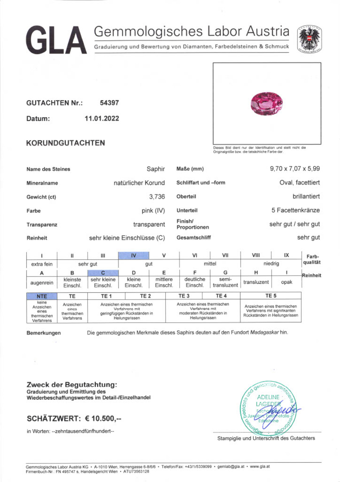 Unbehandelter Saphir Ovalschliff pink 3,736 ct