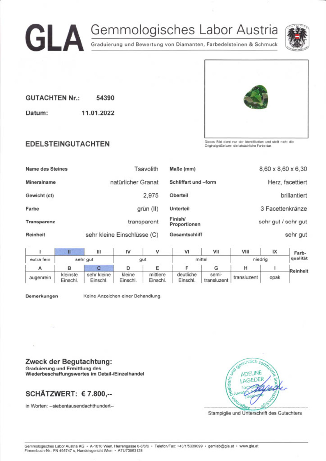 Grüner Granat Tsavorit Herzschliff intensivgrün2,975 ct