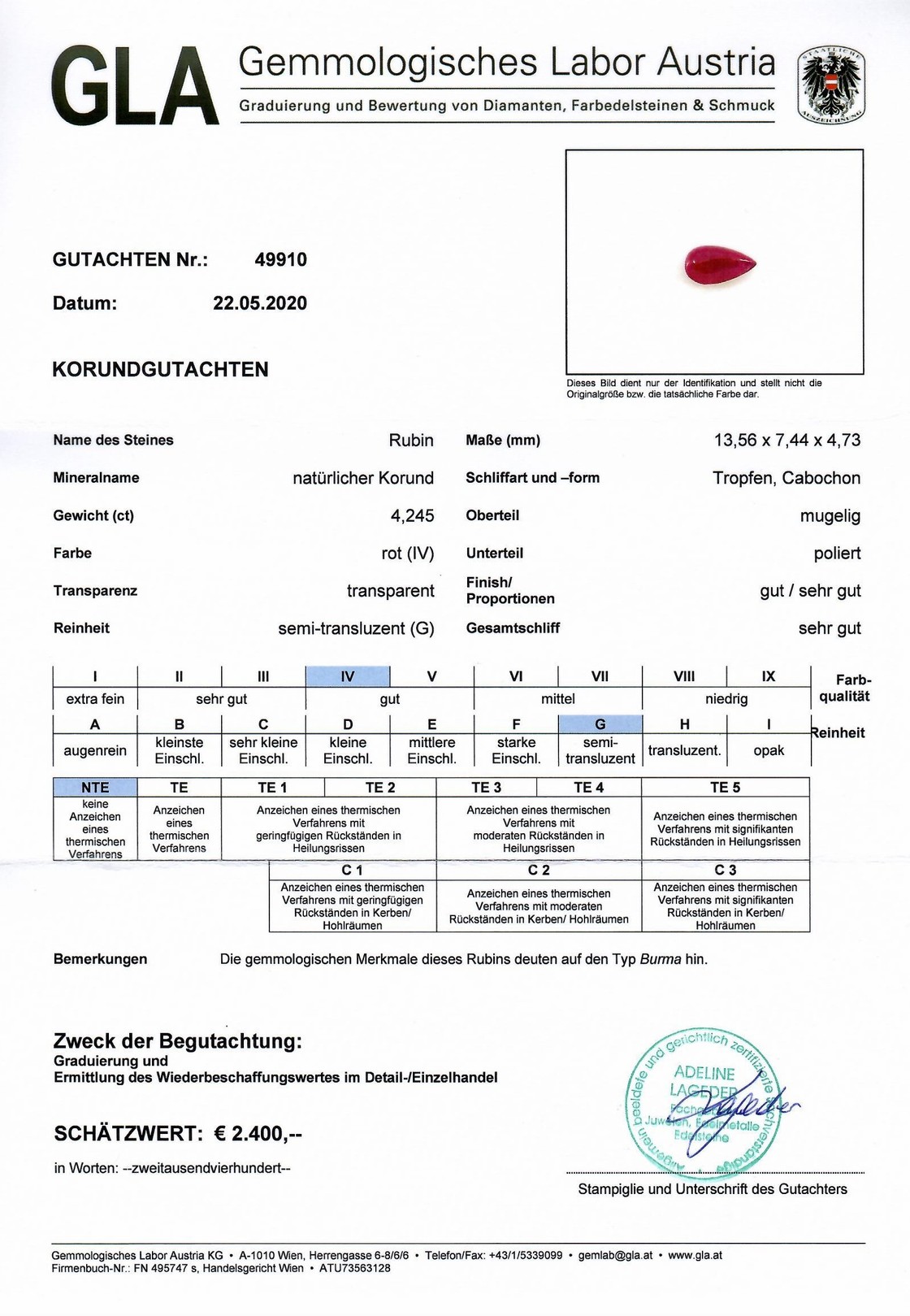 Unbehandelter Burma-Rubin Cabochonschliff Tropfen rot 4,245 ct