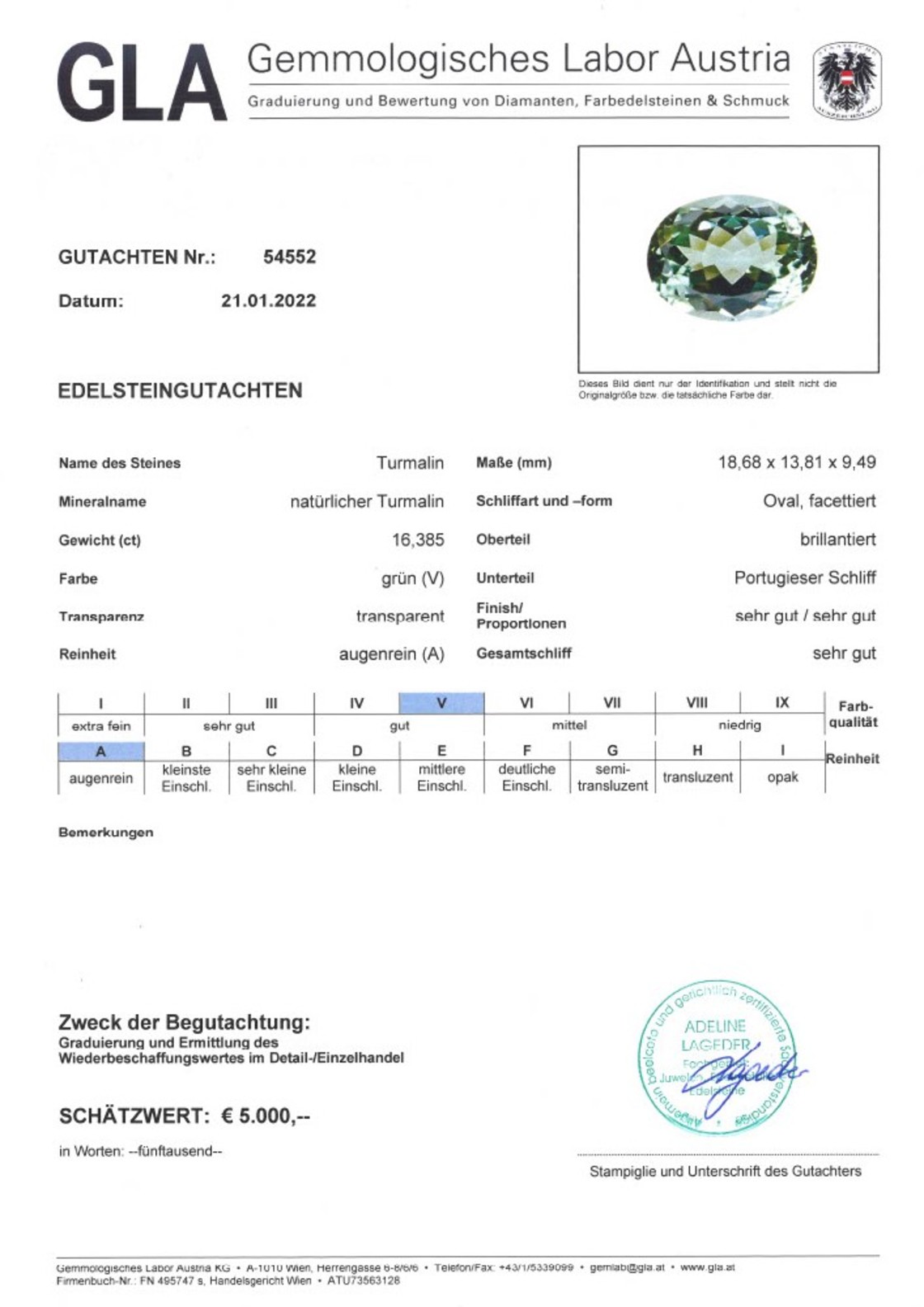 Turmalin Ovalschliff bläulich-hellgrün 16,385 ct