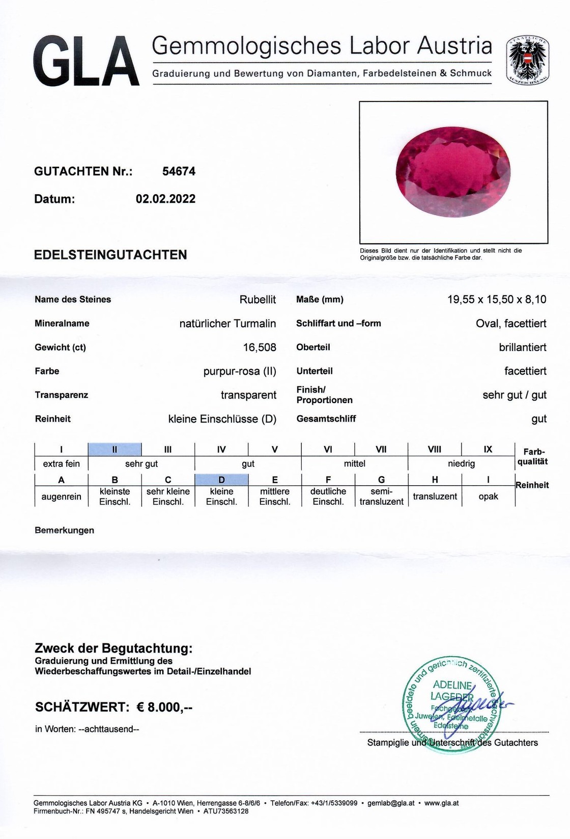 Gutachten zu Rubellit Turmalin oval purpur-rot 16,50 ct