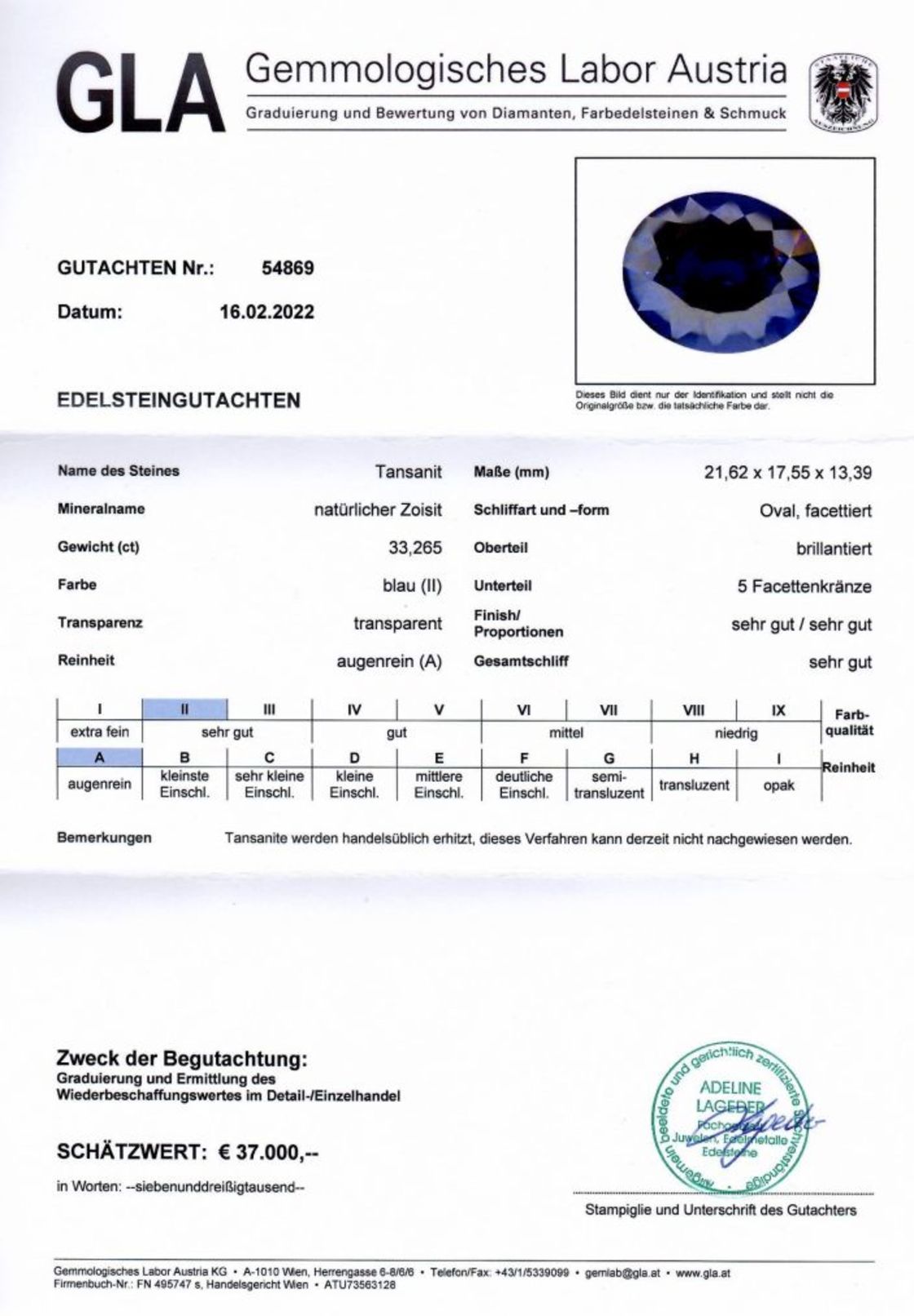 Tansanit Ovalschliff intensivblau 33,265 ct