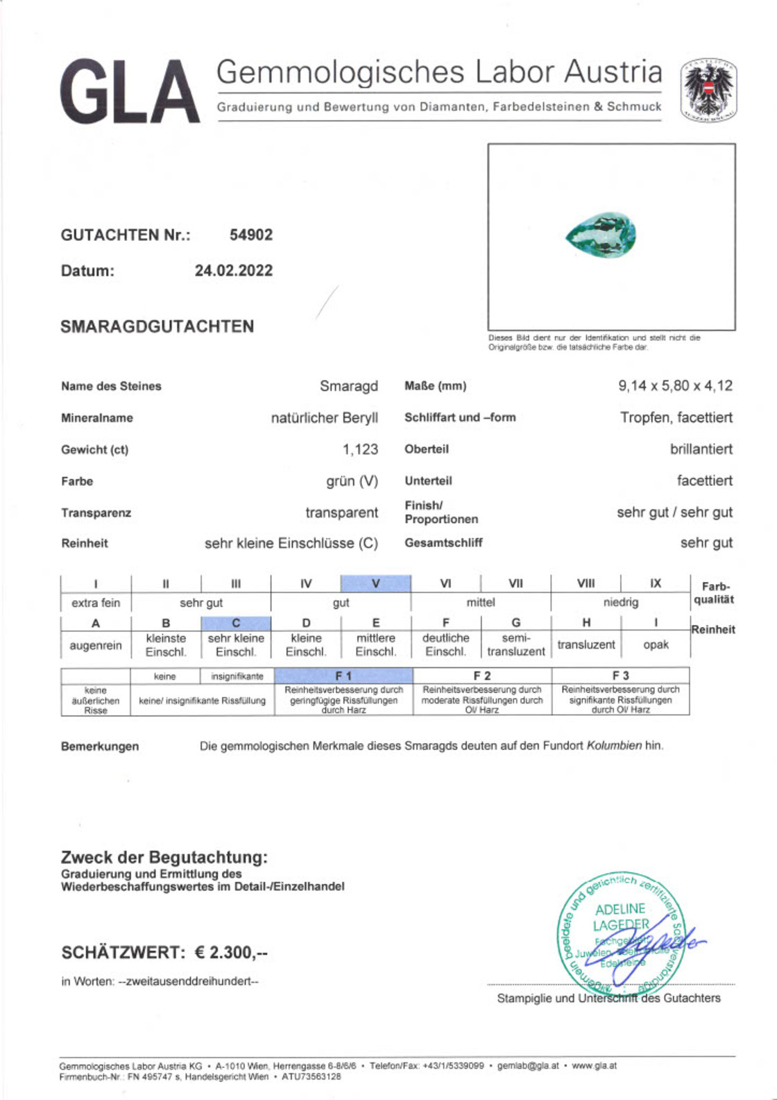 Smaragd Tropfenschliff grün 1,123 ct