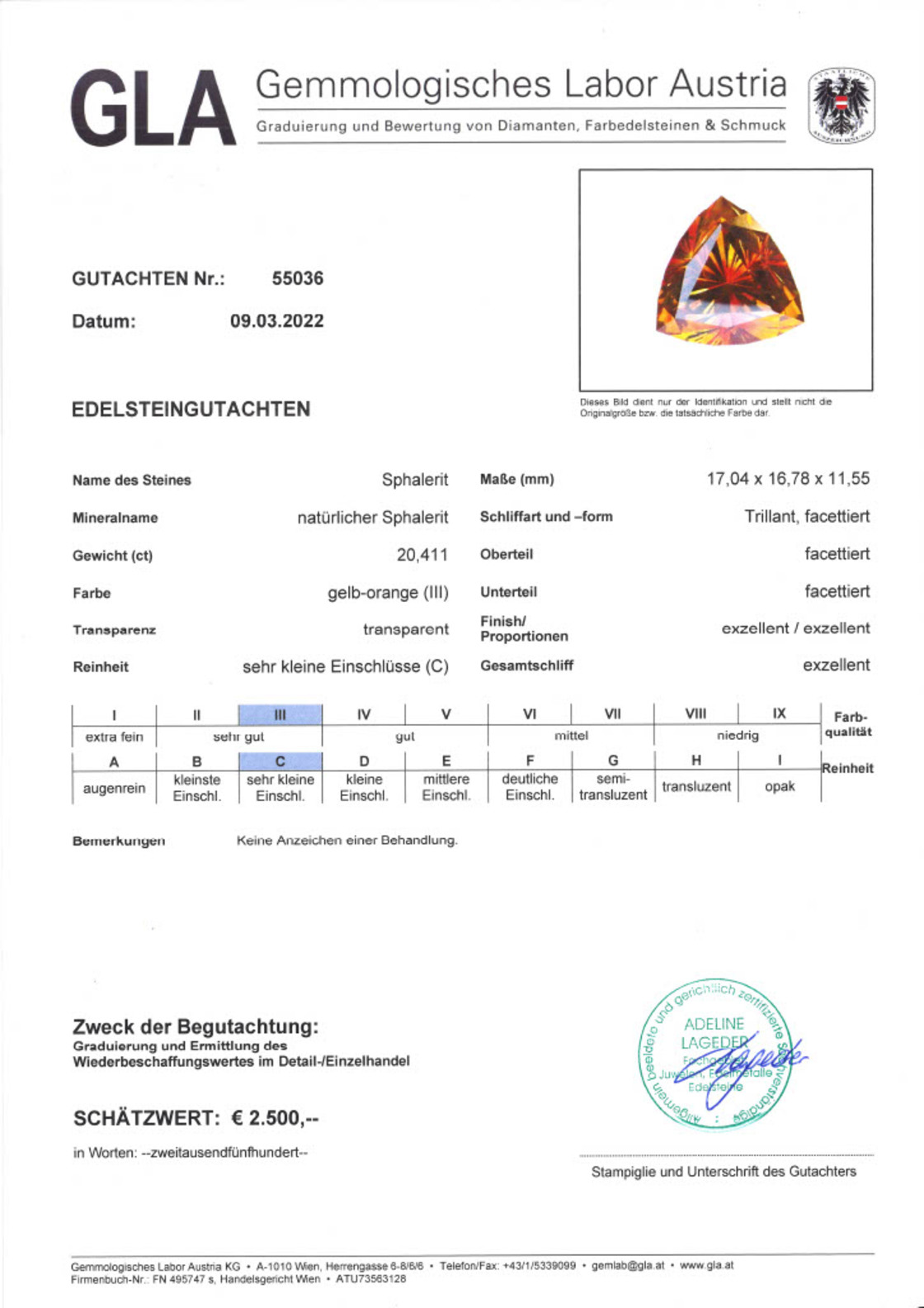 Sphalerit Design-Trillionschliff orange 20,411 ct