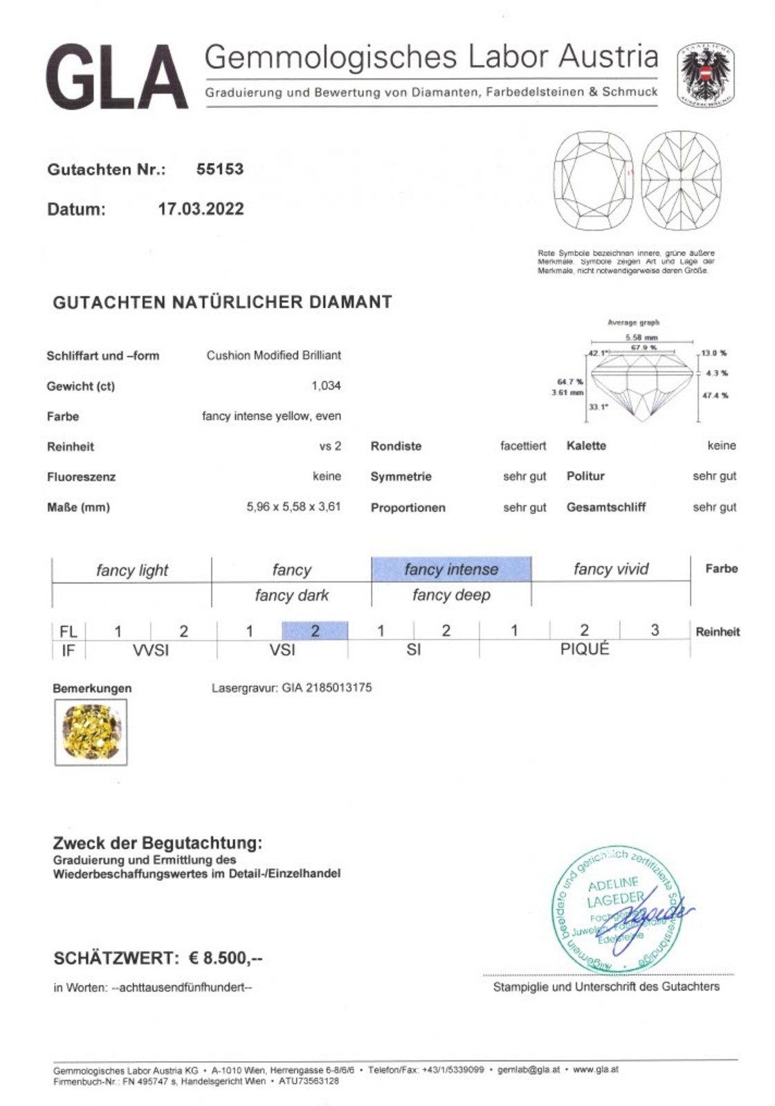 Farbdiamant Antikschiff intensives Gelb 1,034 ct