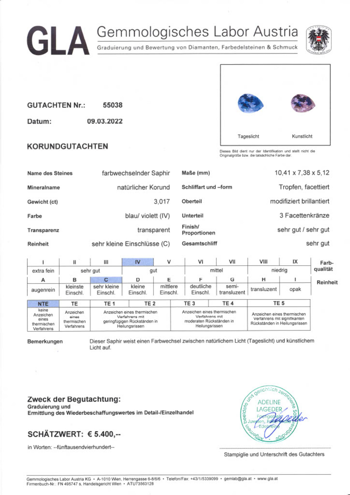 Farbwechselnder Saphir tropfen blau-violett unbehandelt 3,017 ct