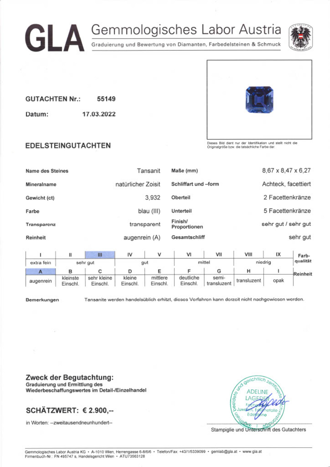 Tansanit Achteckschliff intensivblau 3,932 ct