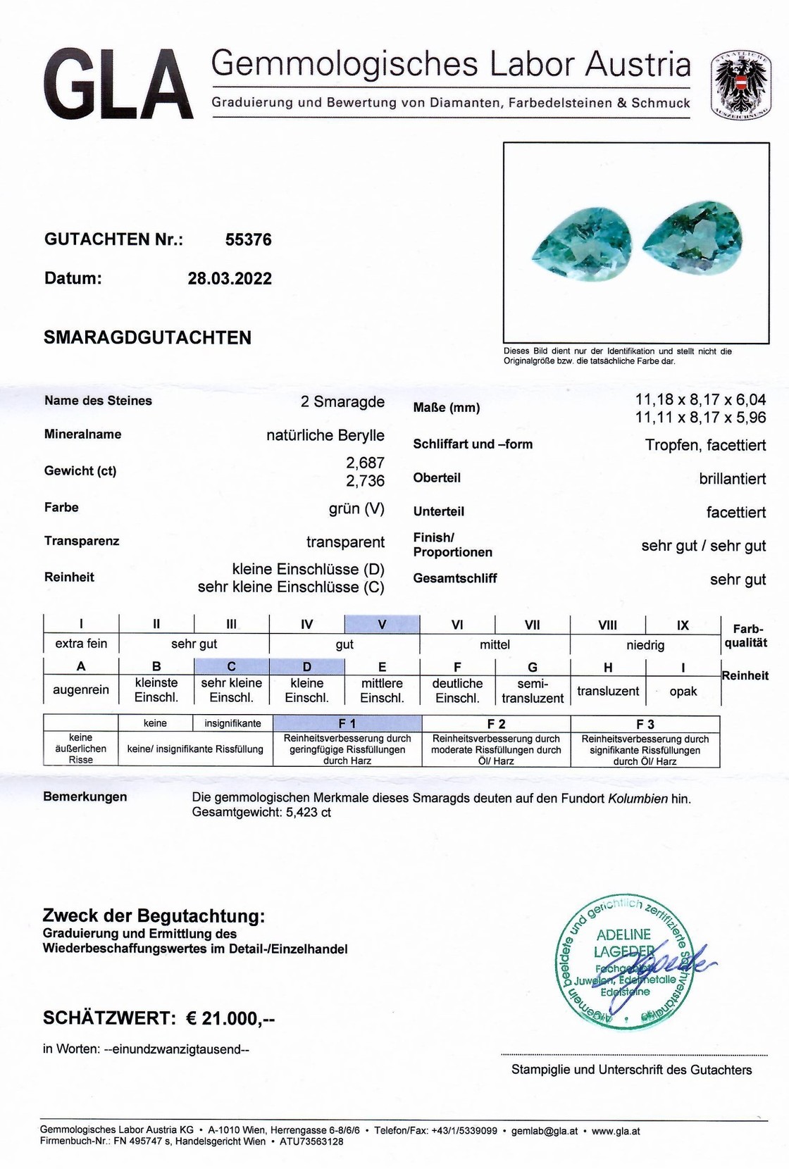 Smaragd Duo Tropfenschliffe grün 5,423 ct