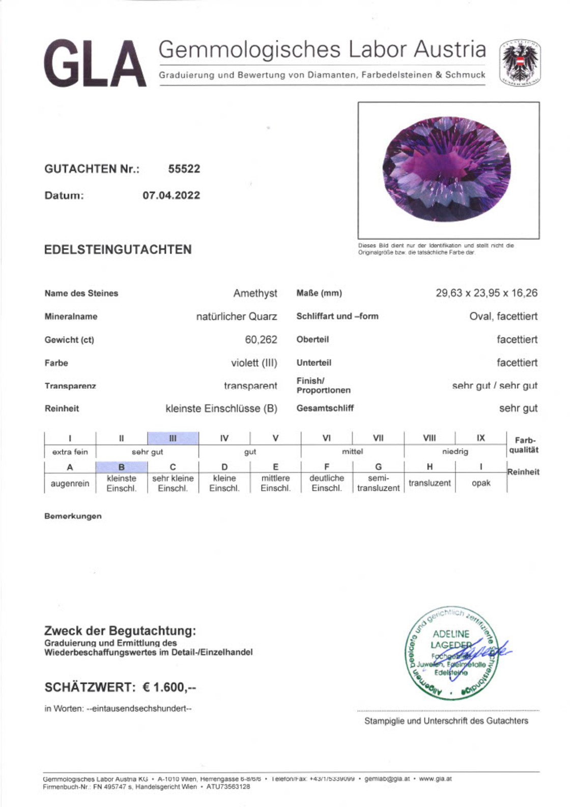 Amethyst Design-Ovalschliff facettiert violett 60,262 ct