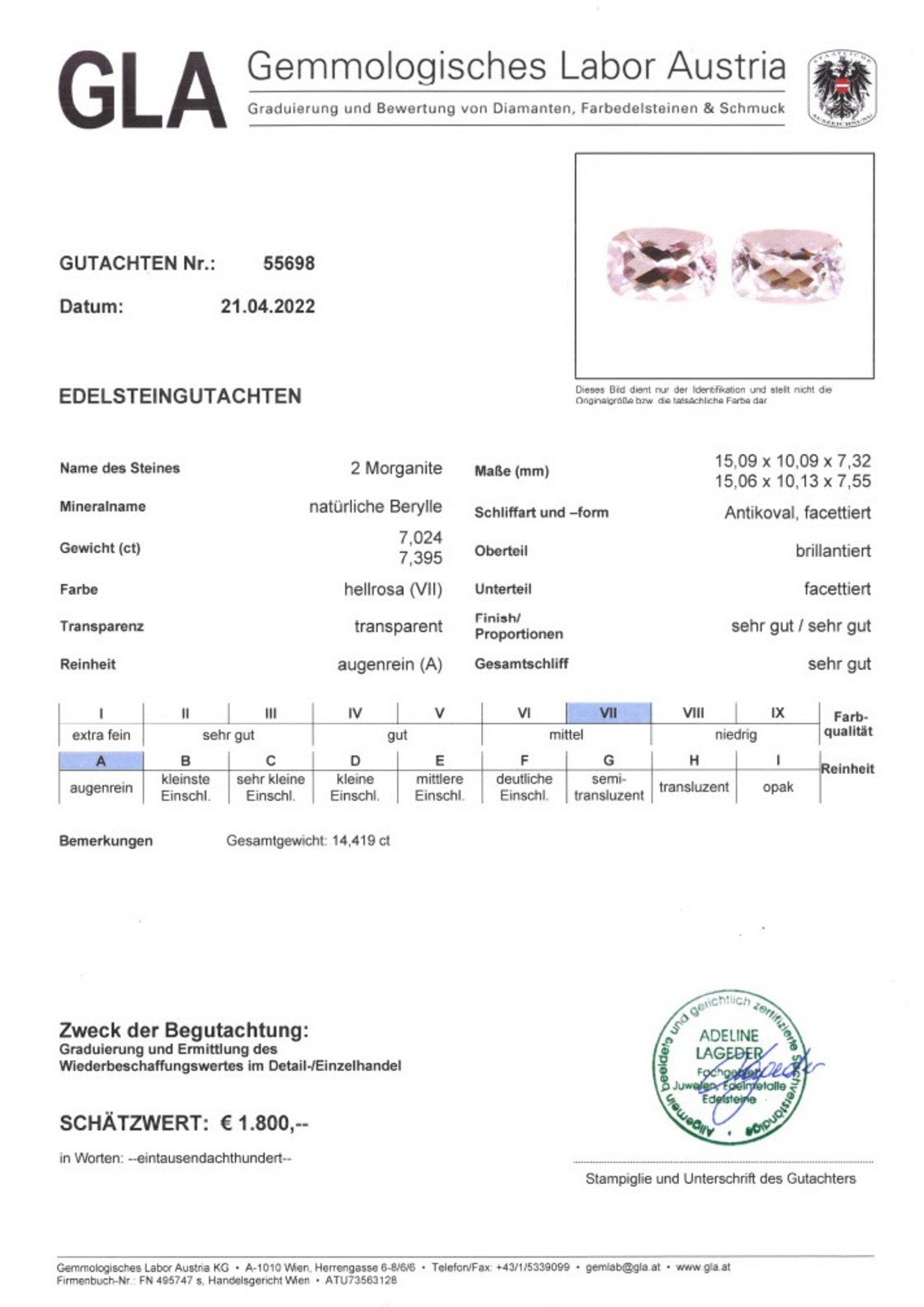 Gutachten zu Morganit Duo antik hellrosa 14,41 ct