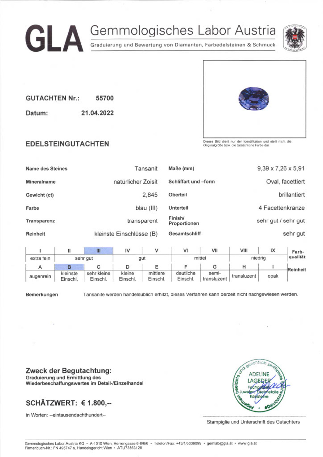 Tansanit Ovalschliff intensives Blau 2,845 ct