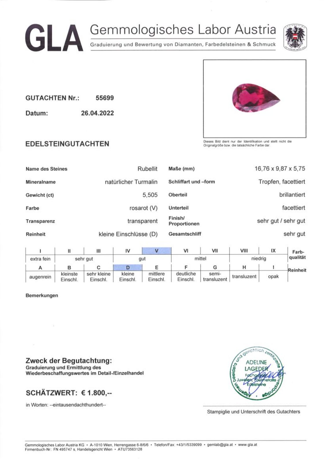 Rubellit Turmalin Tropfenschliff rosarot 5,505 ct