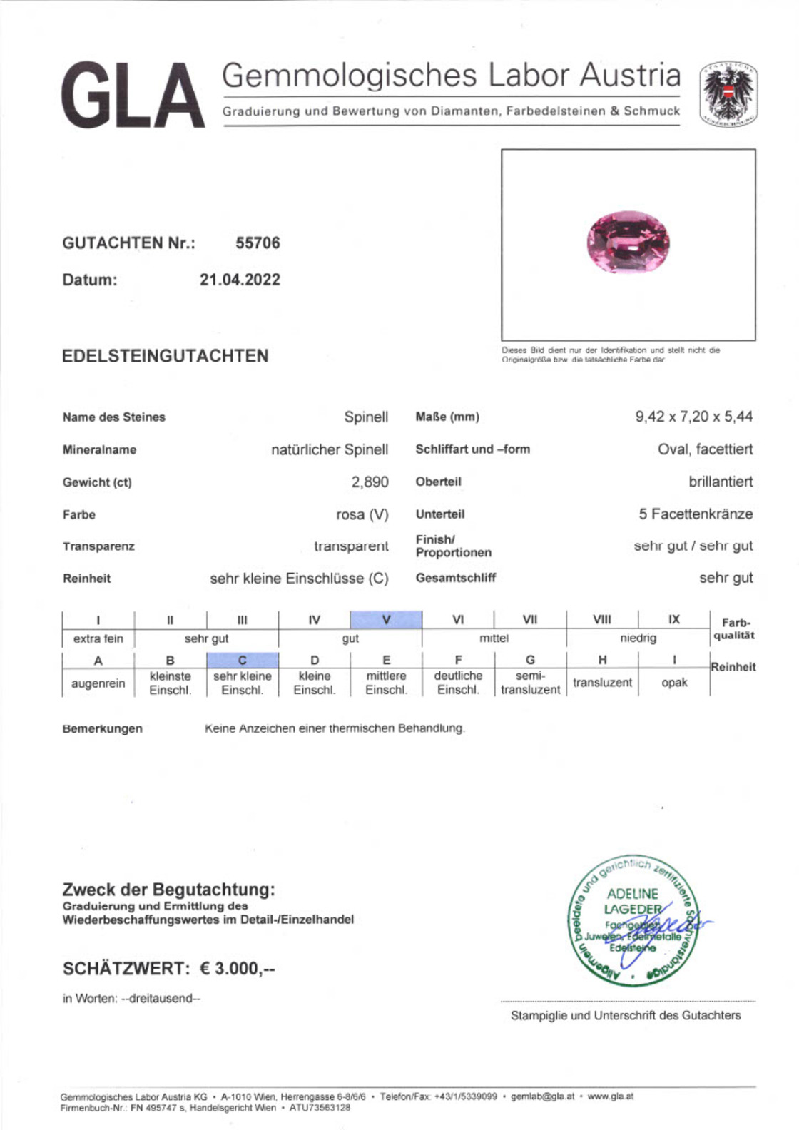 Gutachten zu Spinel oval vivid pink untreated 2.89 ct
