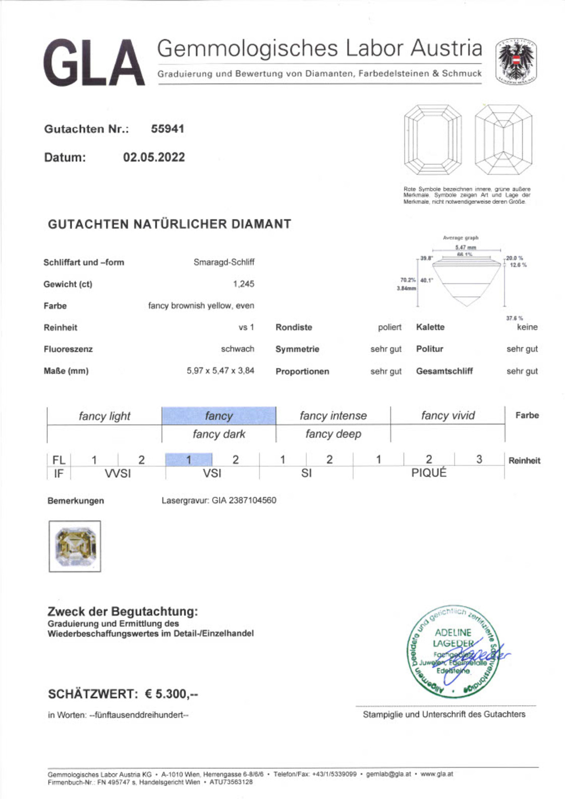 Diamant Achteckschliff bräunlich gelb 1,24 ct