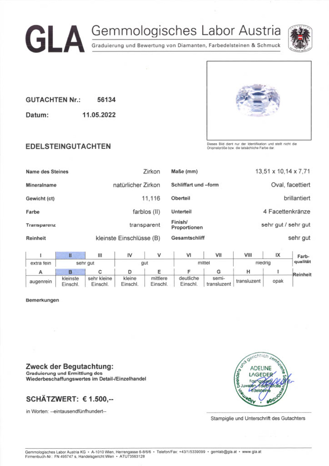 Zirkon Ovalschliff farblos 11,116 ct