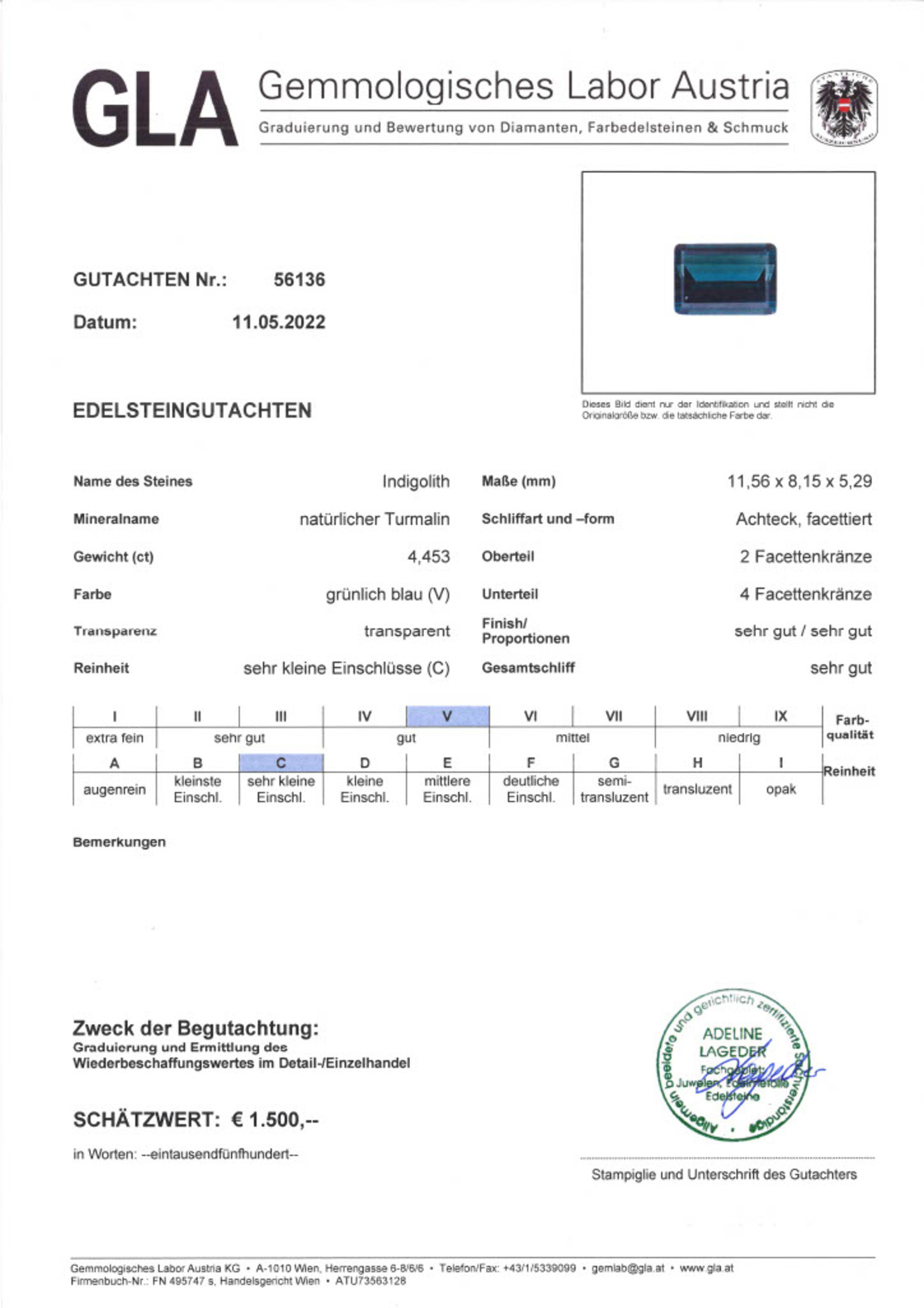 Indigolith Turmalin Rechteck grünlich blau 4,453 ct