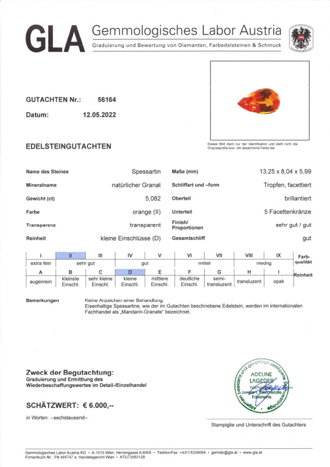 Mandarin-Granat Tropfenschliff intensives Orange 5,082 ct