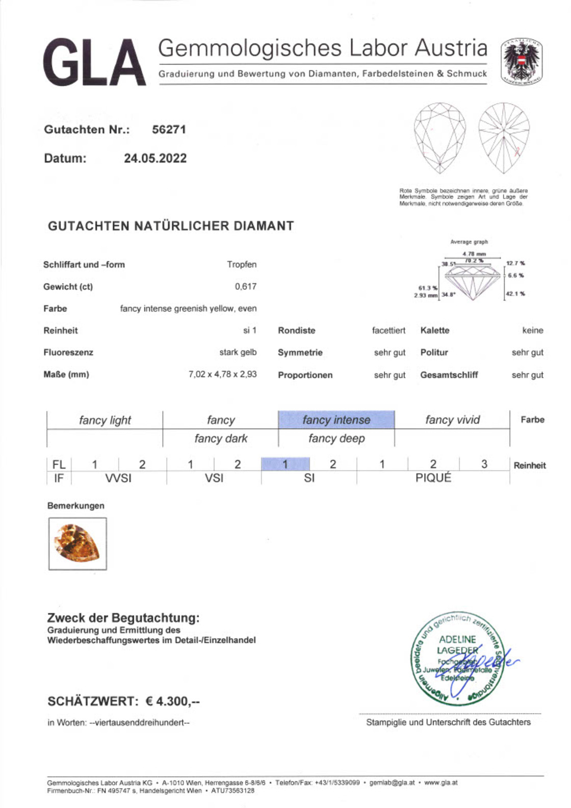 Diamant Tropfen-brillantiert intensiv grünlich gelb si1 0.617 ct