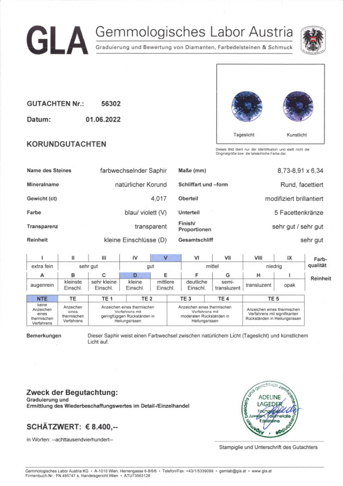 Unbehandelter Saphir Rundschliff blau-blauviolett 4,017 ct